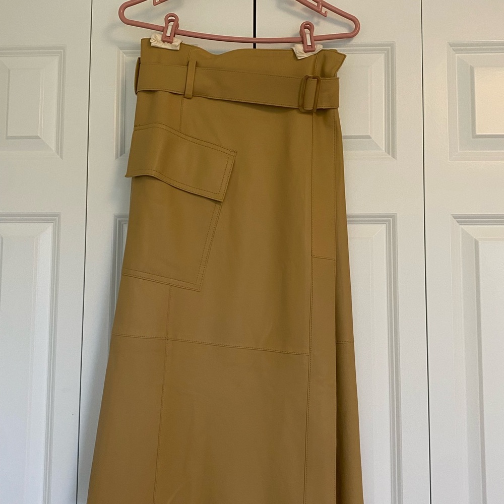 Vince Mustard Tan Midi Skirt with Belt Detail
